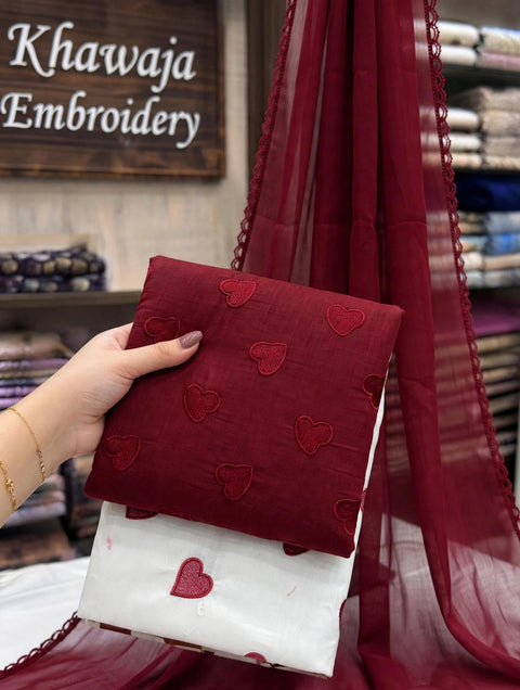 🖤 MOST VIRAL HEART EMBROIDERY 🧵 LAWN 3 PC 🖤