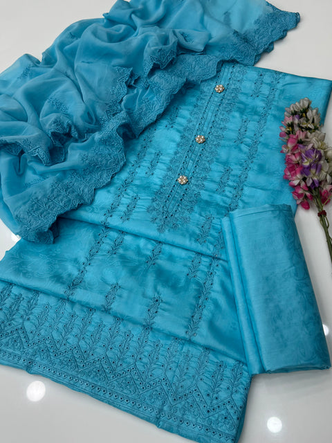 Shiffile Boring Chikankari Embroidery 🧵 Self Jacquard Viscous Silk 3 Pc