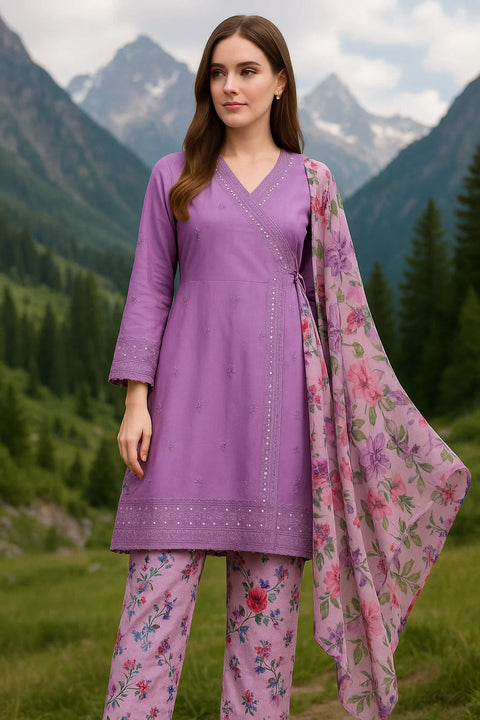 Eid’s Fancy Angrakha Style Sequence Embroidery 🧵 Lawn  3 Pc Dress 👗
