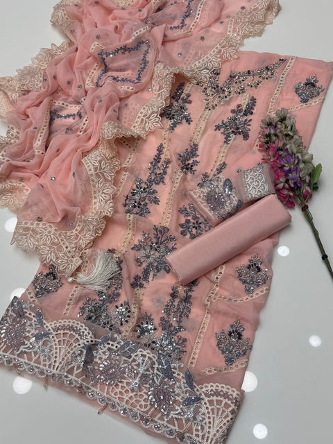 Exclusive Pani Kari & Chikankari Embroidery Premium Chiffion 3 Pc Dress 👗