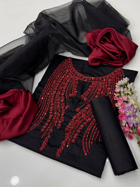 Original FPL Brand Beautiful Handwork Embroidery Rasham Beads Shamooz Silk 3 PC 👗