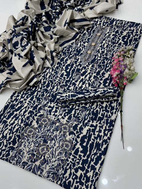 Shiffile Chikankari Embroidery Digital Printed Linen 3 PC Dress 👗