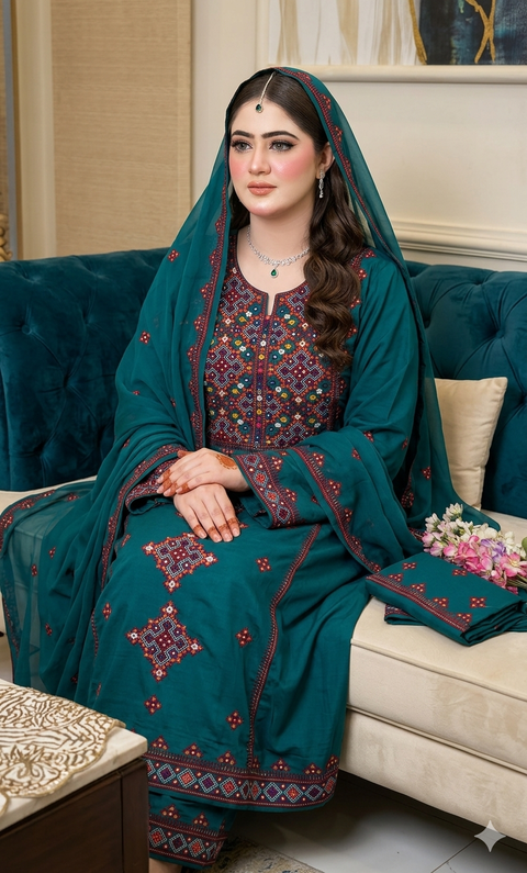 🔥 Beautiful Traditional Balouchi Style Embroidery 🧵 With Paani Sheesha Work Lawn 3 PC Dress 👗