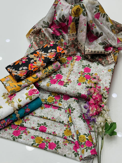 Chikankari Embroidery 🧵 With Digital Floral Print Swiss Lawn 3 Pc Dress 👗