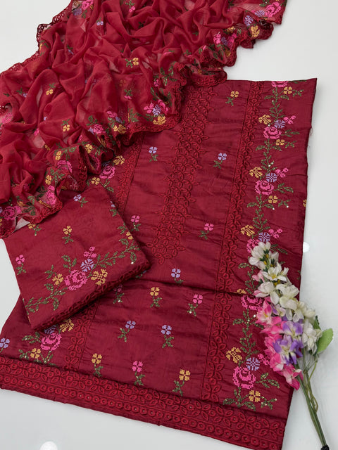 💕 Chikankari & Cross Stitch Sequence Embroidery 🧵 Viscose 3 PC Dress 🔥