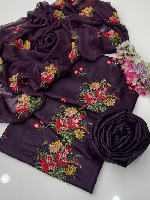 Unique Handmade Style Cross Stitch And Sequence Embroidery 3 Pc Dress 👗