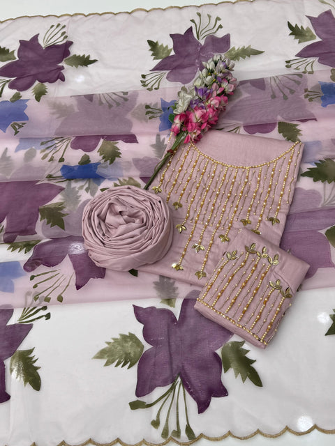 💕 Beautiful Handwork Stones And Beads Work Pure Lawn Painted Duppata 3 Pc 👗