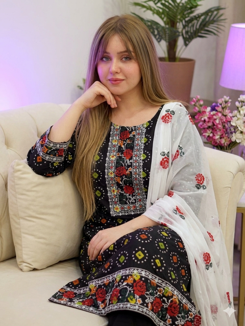 Beautiful Handmade Cross Stitch Embroidery 🧵 Chunri Print Lawn 3 PC Dress 👗