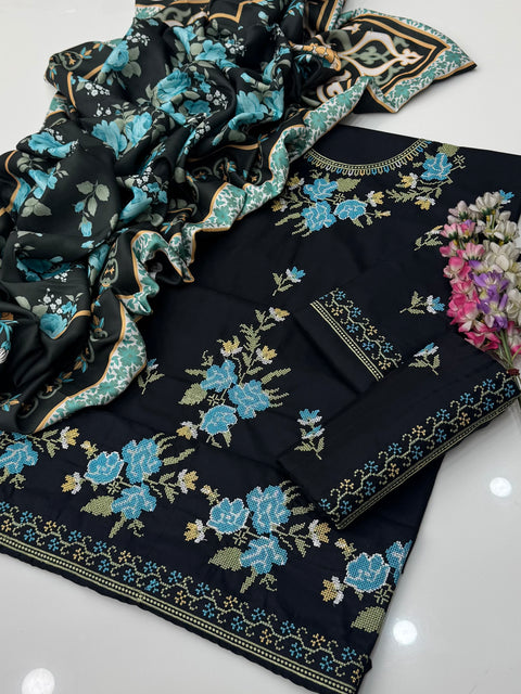 Handmade Cross Stitch Tanka Embroidery 🧵Dhanak Printed Pashmina Shawl 3 PC Dress 👗