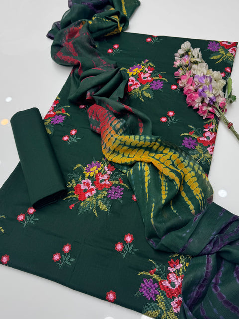 Tradional Cross Stitch Embroidery Lawn With Tye n Dye Duppata 3 Pc 👗