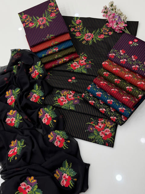 💕 Beautiful Handmade Style Cross Stitch Embroidery 🧵 & Sequence Work Lawn 3 Pc Dress 👗