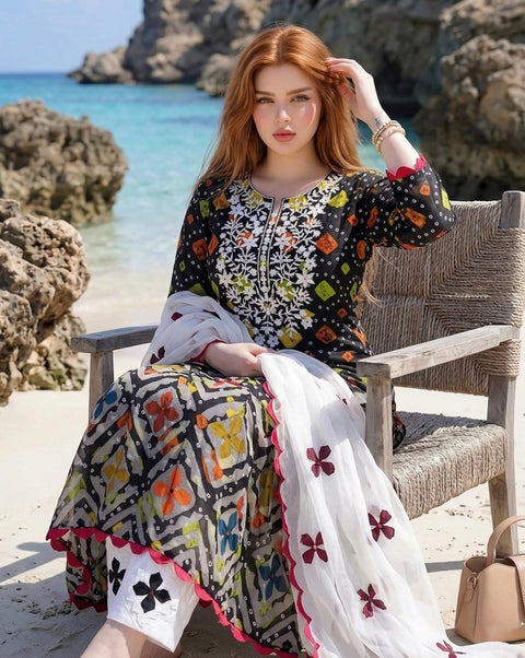 🔥Beautiful Handmade Applique Rally Work 🧵 Chunri Print Lawn 3 PC Dress 👗