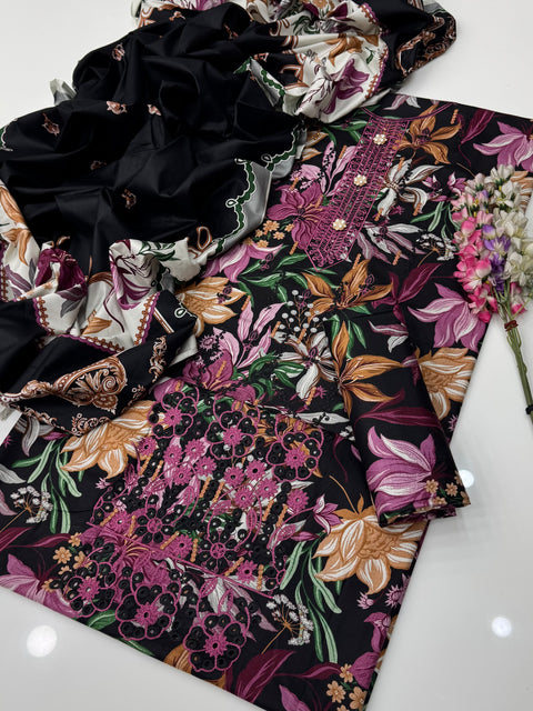 Shiffile Chikankari Embroidery Digital Printed Linen 3 PC Dress 👗