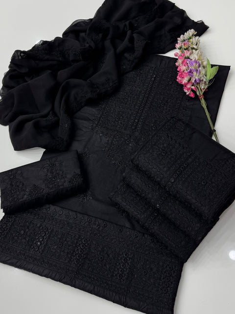 🖤 Black Beauty Chikankari Thread Embroidery 🧵 Lawn 3 Pc Dress 👗