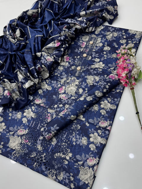 Shiffile Chikankari Embroidery Digital Printed Linen 3 PC Dress 👗