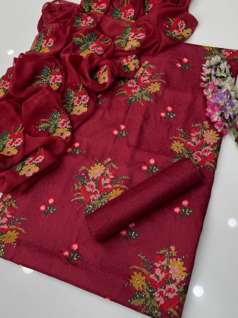 Unique Handmade Style Cross Stitch And Sequence Embroidery 3 Pc Dress 👗