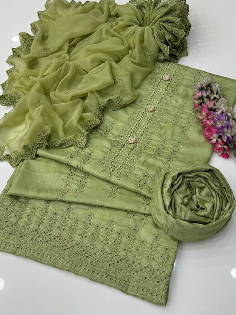 Shiffile Boring Chikankari Embroidery 🧵 Self Jacquard Viscous Silk 3 Pc