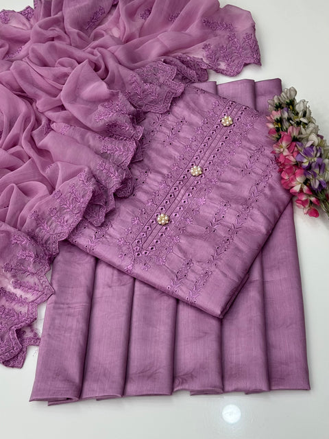 Shiffile Boring Chikankari Embroidery 🧵 Self Jacquard Viscous Silk 3 Pc