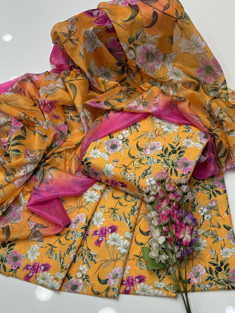 Chikankari Embroidery 🧵 With Digital Floral Print Swiss Lawn 3 Pc Dress 👗