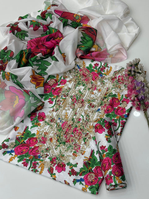 💕 Digital Printed Shamooz Silk Embroidered Galla 3 PC Dress 👗