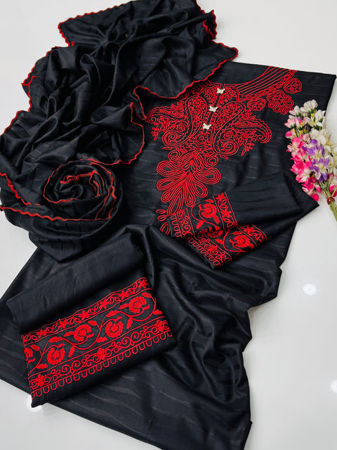 Beautiful & Elegant Boutique Style Embroidery Self Jacquard Dhanak  Pc Dress 👗