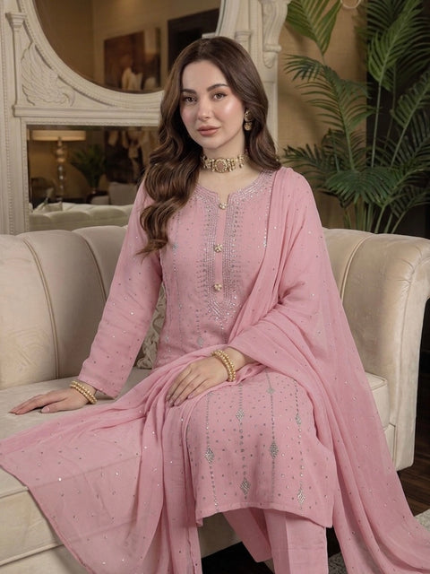 🔥 Beautiful Mukesh Kamdani Work Soft Bamber Chiffion 2 Pc Dress 👗