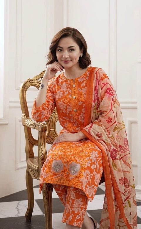 🔥 Beautiful Chikankari Embroidery Digital Printed Lawn 3 PC Dress 👗