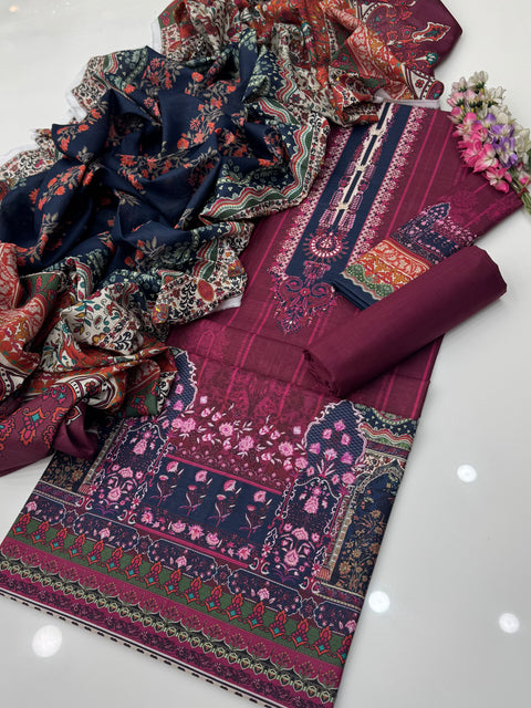 💕Mausummery Brand Digital Printed Soft Khaddar 3 Pc Dress